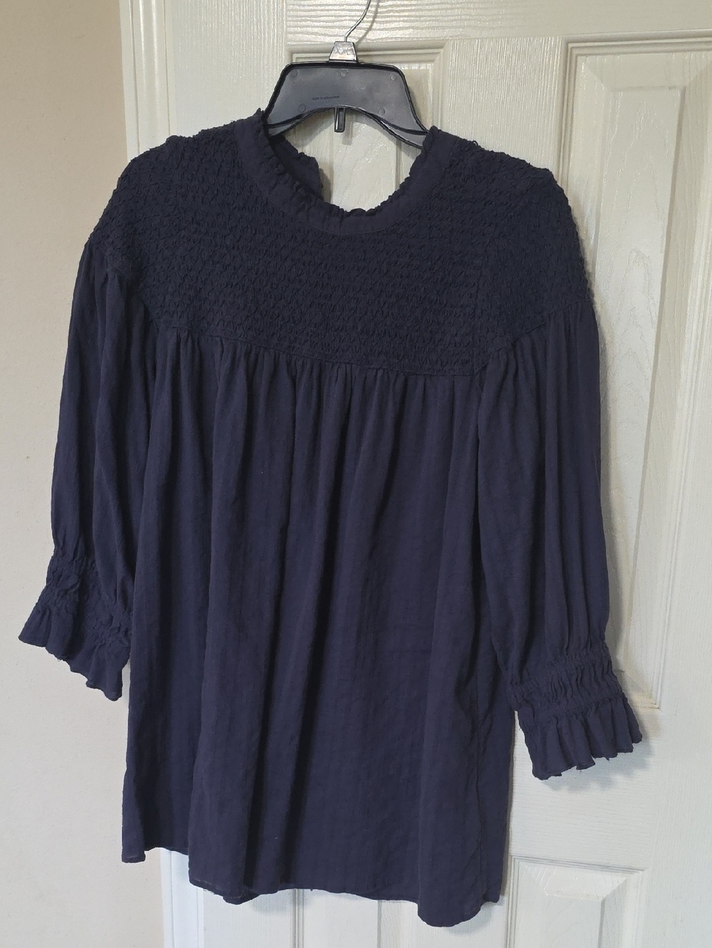 Free People Navy Smocked Yoke Peasant Blouse. 100% Cotton.